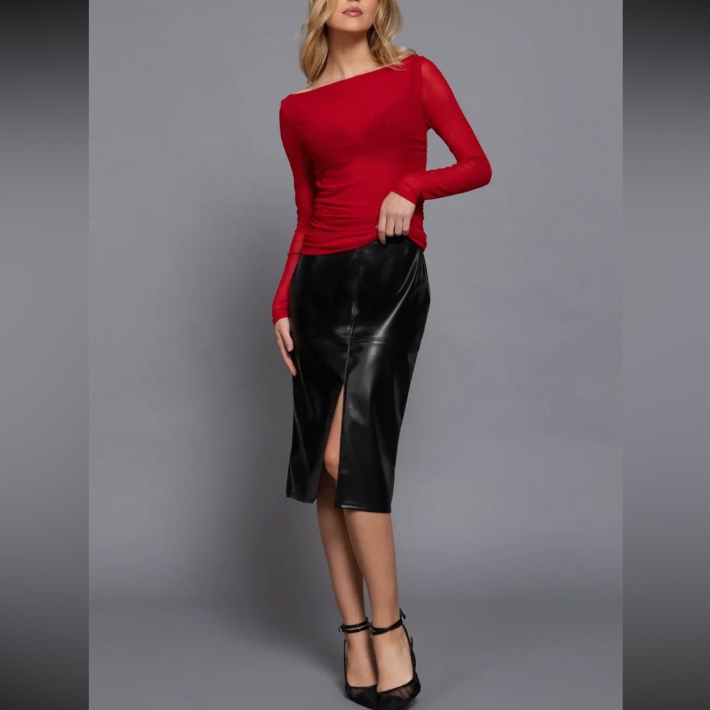 Faux Leather Front Slit Midi Skirt